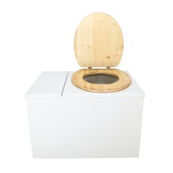 Toilette sèche avec bac intégré en bois blanc complète avec seau 20L plastique, bavette inox, abattant huilé