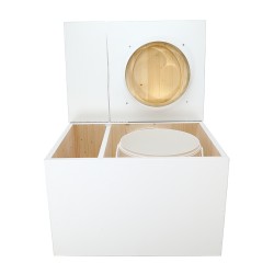 Toilette sèche avec bac intégré en bois blanc complète avec seau 20L plastique, bavette inox, abattant huilé