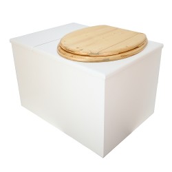 Toilette sèche avec bac intégré en bois blanc complète avec seau 20L plastique, bavette inox, abattant huilé