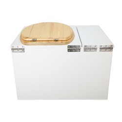 Toilette sèche avec bac intégré en bois blanc complète avec seau 20L plastique, bavette inox, abattant huilé