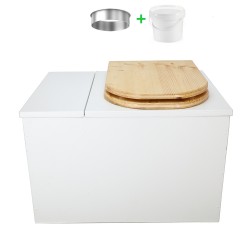 Toilette sèche avec bac intégré en bois blanc complète avec seau 20L plastique, bavette inox, abattant huilé en forme de "D"