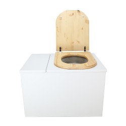 Toilette sèche avec bac intégré en bois blanc complète avec seau 20L plastique, bavette inox, abattant huilé en forme de "D"