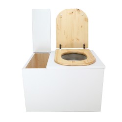Toilette sèche avec bac intégré en bois blanc complète avec seau 20L plastique, bavette inox, abattant huilé en forme de "D"