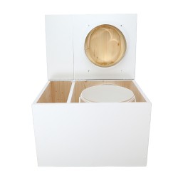 Toilette sèche avec bac intégré en bois blanc complète avec seau 20L plastique, bavette inox, abattant huilé en forme de "D"