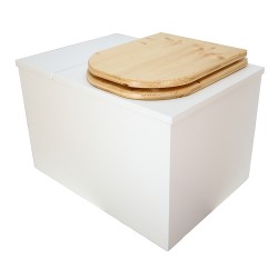 Toilette sèche avec bac intégré en bois blanc complète avec seau 20L plastique, bavette inox, abattant huilé en forme de "D"