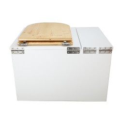 Toilette sèche avec bac intégré en bois blanc complète avec seau 20L plastique, bavette inox, abattant huilé en forme de 