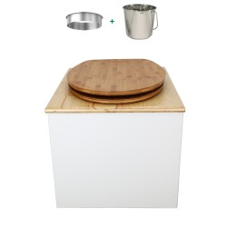 Toilette sèche en bois blanc huilé complète avec seau inox 22 litres et bavette inox Ø30 cm - abattant bambou