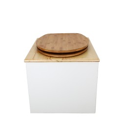 Toilette sèche en bois blanc huilé complète avec seau inox 22 litres et bavette inox Ø30 cm - abattant bambou