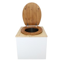 Toilette sèche en bois blanc huilé complète avec seau inox 22 litres et bavette inox Ø30 cm - abattant bambou