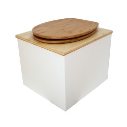 Toilette sèche en bois blanc huilé complète avec seau inox 22 litres et bavette inox Ø30 cm - abattant bambou