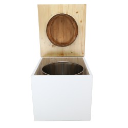 Toilette sèche en bois blanc huilé complète avec seau inox 22 litres et bavette inox Ø30 cm - abattant bambou