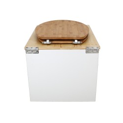 Toilette sèche en bois blanc huilé complète avec seau inox 22 litres et bavette inox Ø30 cm - abattant bambou