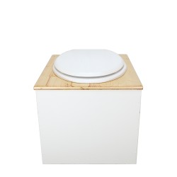 Toilette sèche en bois blanc huilé complète avec seau inox 22 litres et bavette inox Ø30 cm - abattant blanc