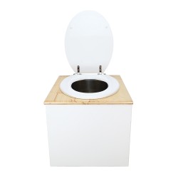Toilette sèche en bois blanc huilé complète avec seau inox 22 litres et bavette inox Ø30 cm - abattant blanc