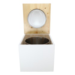 Toilette sèche en bois blanc huilé complète avec seau inox 22 litres et bavette inox Ø30 cm - abattant blanc