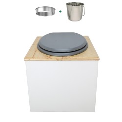 Toilette sèche en bois blanc huilé complète avec seau inox 22 litres et bavette inox Ø30 cm - abattant gris