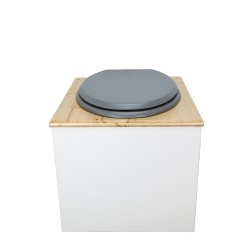 Toilette sèche en bois blanc huilé complète avec seau inox 22 litres et bavette inox Ø30 cm - abattant gris