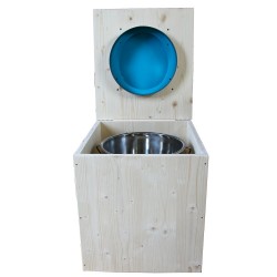 toilette sèche en bois avec seau inox et bavette inox avec abattant bois bleu turquoise - modèle rehaussé PMR