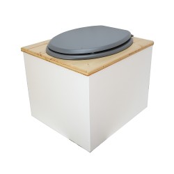 Toilette sèche en bois blanc huilé complète avec seau inox 22 litres et bavette inox Ø30 cm - abattant gris