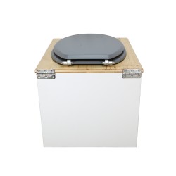 Toilette sèche en bois blanc huilé complète avec seau inox 22 litres et bavette inox Ø30 cm - abattant gris