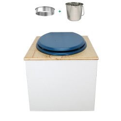 Toilette sèche en bois blanc huilé complète avec seau inox 22 litres et bavette inox Ø30 cm - abattant bleu