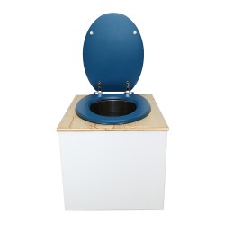Toilette sèche en bois blanc huilé complète avec seau inox 22 litres et bavette inox Ø30 cm - abattant bleu
