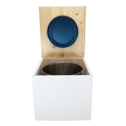 Toilette sèche en bois blanc huilé complète avec seau inox 22 litres et bavette inox Ø30 cm - abattant bleu