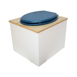 Toilette sèche en bois blanc huilé complète avec seau inox 22 litres et bavette inox Ø30 cm - abattant bleu