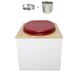 Toilette sèche en bois blanc huilé complète avec seau inox 22 litres et bavette inox Ø30 cm - abattant rouge