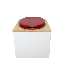 Toilette sèche en bois blanc huilé complète avec seau inox 22 litres et bavette inox Ø30 cm - abattant rouge