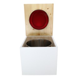 Toilette sèche en bois blanc huilé complète avec seau inox 22 litres et bavette inox Ø30 cm - abattant rouge