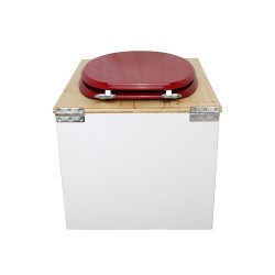 Toilette sèche en bois blanc huilé complète avec seau inox 22 litres et bavette inox Ø30 cm - abattant rouge