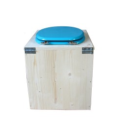 toilette sèche en bois avec seau inox et bavette inox avec abattant bois bleu turquoise - modèle rehaussé PMR