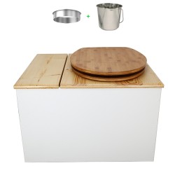 Toilette sèche avec bac à copeaux de bois. bois blanc/huilé, abattant bambou. Livré avec bavette inox et seau inox 22 litres