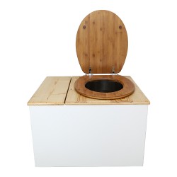 Toilette sèche avec bac à copeaux de bois. bois blanc/huilé, abattant bambou. Livré avec bavette inox et seau inox 22 litres
