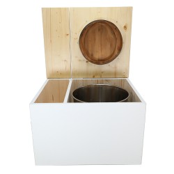 Toilette sèche avec bac à copeaux de bois. bois blanc/huilé, abattant bambou. Livré avec bavette inox et seau inox 22 litres
