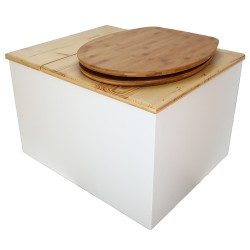 Toilette sèche avec bac à copeaux de bois. bois blanc/huilé, abattant bambou. Livré avec bavette inox et seau inox 22 litres