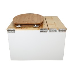 Toilette sèche avec bac à copeaux de bois. bois blanc/huilé, abattant bambou. Livré avec bavette inox et seau inox 22 litres