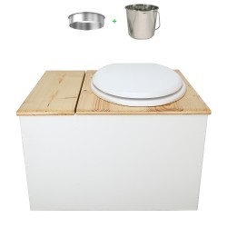 Toilette sèche avec bac à copeaux de bois. bois blanc/huilé, abattant blanc. Livré avec bavette inox et seau inox 22 litres