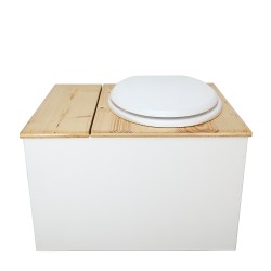 Toilette sèche avec bac à copeaux de bois. bois blanc/huilé, abattant blanc. Livré avec bavette inox et seau inox 22 litres
