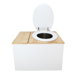 Toilette sèche avec bac à copeaux de bois. bois blanc/huilé, abattant blanc. Livré avec bavette inox et seau inox 22 litres