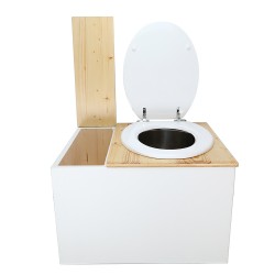 Toilette sèche avec bac à copeaux de bois. bois blanc/huilé, abattant blanc. Livré avec bavette inox et seau inox 22 litres