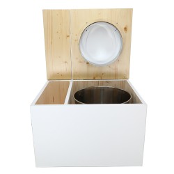 Toilette sèche avec bac à copeaux de bois. bois blanc/huilé, abattant blanc. Livré avec bavette inox et seau inox 22 litres