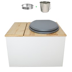 Toilette sèche avec bac à copeaux de bois. bois blanc/huilé, abattant gris. Livré avec bavette inox et seau inox 22 litres