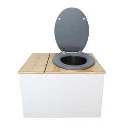 Toilette sèche avec bac à copeaux de bois. bois blanc/huilé, abattant gris. Livré avec bavette inox et seau inox 22 litres
