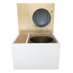 Toilette sèche avec bac à copeaux de bois. bois blanc/huilé, abattant gris. Livré avec bavette inox et seau inox 22 litres