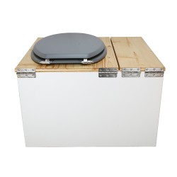 Toilette sèche avec bac à copeaux de bois. bois blanc/huilé, abattant gris. Livré avec bavette inox et seau inox 22 litres