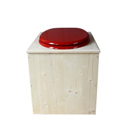 toilette sèche en bois avec seau inox et bavette inox avec abattant bois rouge framboise - modèle rehaussé PMR