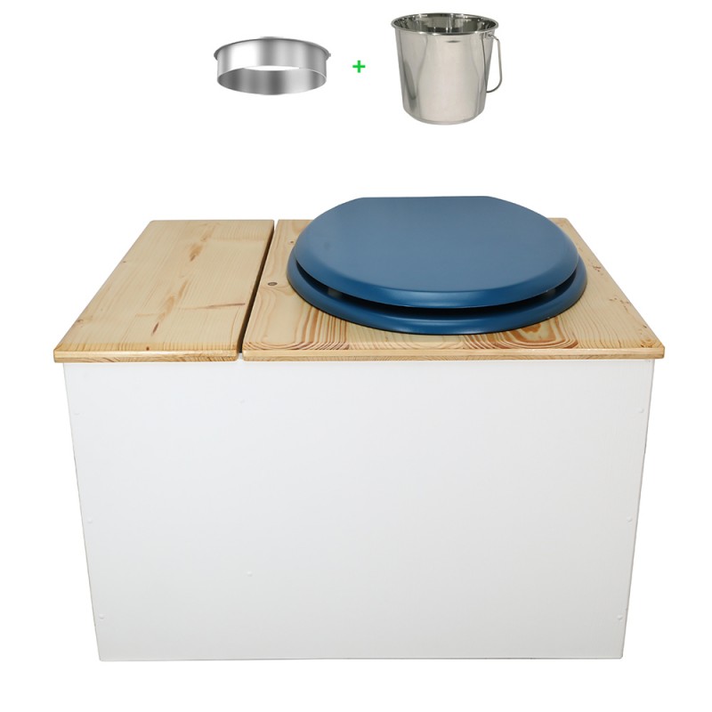 Toilette sèche avec bac à copeaux de bois. bois blanc/huilé, abattant bleu. Livré avec bavette inox et seau inox 22 litres