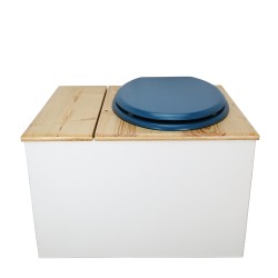 Toilette sèche avec bac à copeaux de bois. bois blanc/huilé, abattant bleu. Livré avec bavette inox et seau inox 22 litres